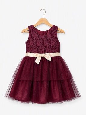 Little Lass Plum Burgundy Lace & Glitter Tiered Tulle Formal Dress 2T
